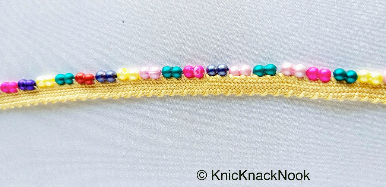 Multicoloured Pearl Beads With Beige Weave Fringe Trim, Approx. 10 mm wide - 210119L205