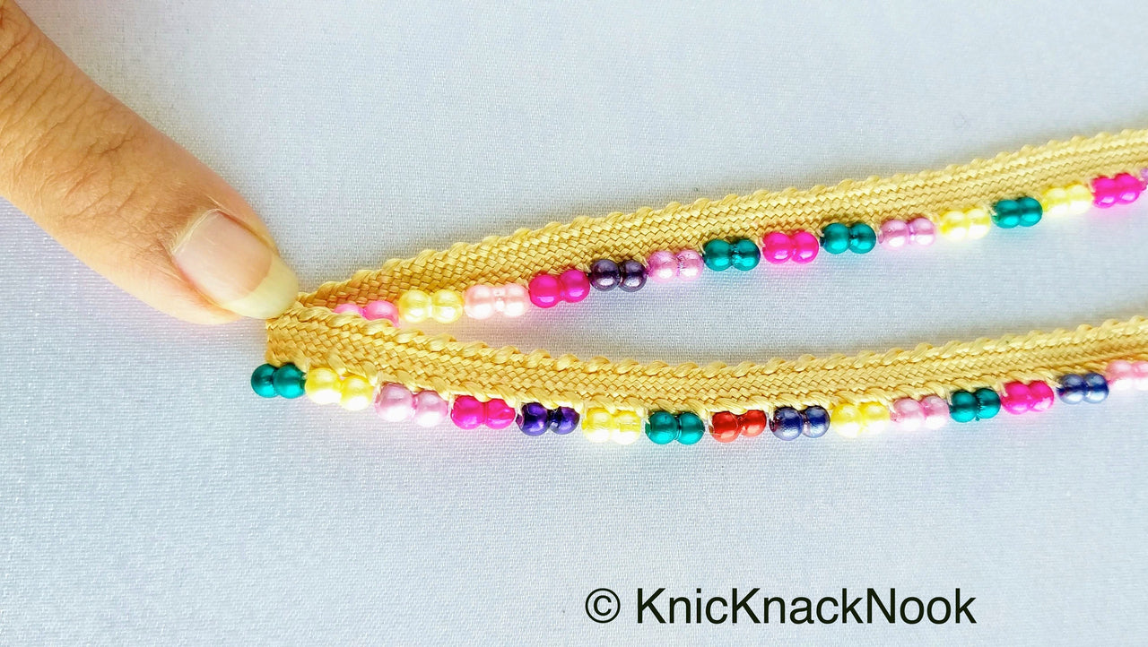 Multicoloured Pearl Beads With Beige Weave Fringe Trim, Approx. 10 mm wide - 210119L205