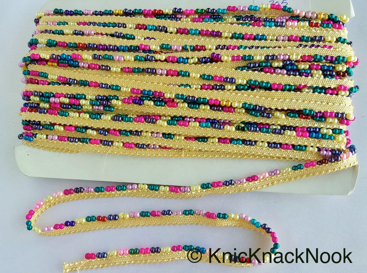 Multicoloured Pearl Beads With Beige Weave Fringe Trim, Approx. 10 mm wide - 210119L205