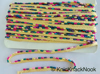 Thumbnail for Multicoloured Pearl Beads With Beige Weave Fringe Trim, Approx. 10 mm wide - 210119L205