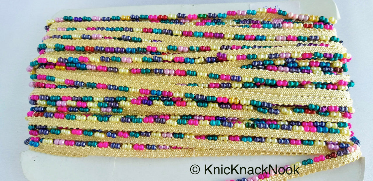 Multicoloured Pearl Beads With Beige Weave Fringe Trim, Approx. 10 mm wide - 210119L205