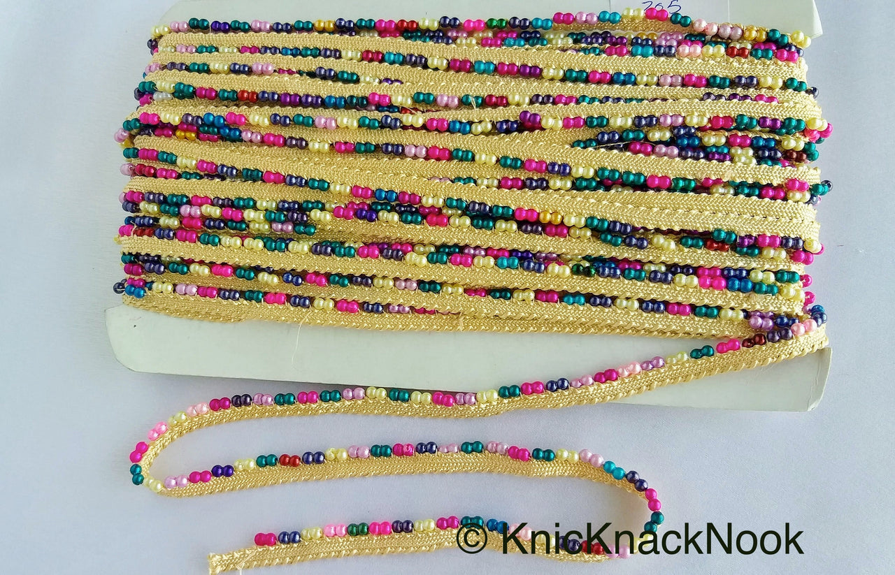 Multicoloured Pearl Beads With Beige Weave Fringe Trim, Approx. 10 mm wide - 210119L205