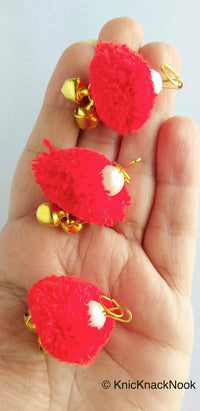 Thumbnail for 6 x Red Pom-Pom Tassel Latkan With Pearl Beads And Jingle Bell Beads, Pompom Decorations, Approx. 30mm - 210119L208