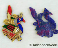 Thumbnail for Cutwork Peacock Applique With Rhinestones Embellishments In Blue, Green, Red And Antique Gold Metal Embroidery (Zardozi Work) - 210119L230