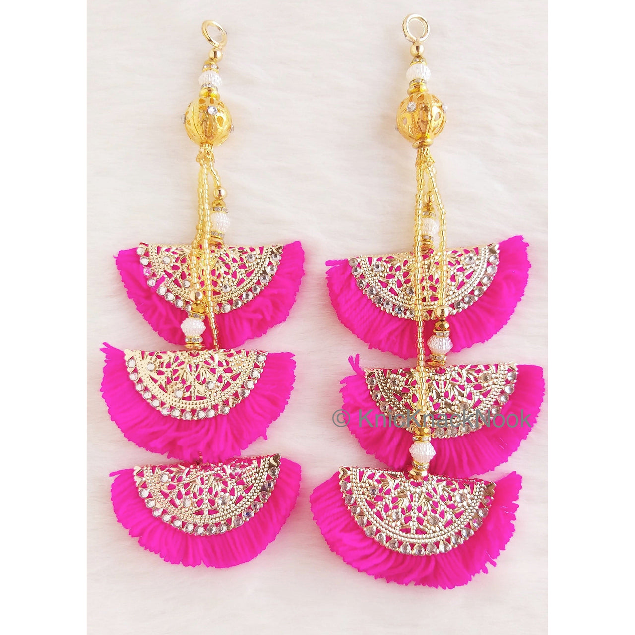 Blue / Pink Fan Tassels With Silver and Gold Filigree Embellishments, Wool Tassels, Embellishments