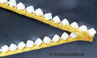 Thumbnail for Off White Cube Pearls Beads With Gold Fringe Woven Trim, One Yard 12mm wide