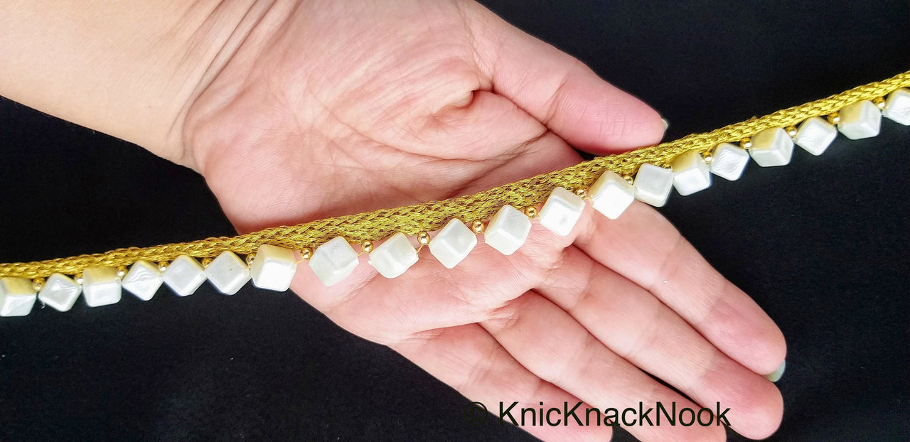 Off White Cube Pearls Beads With Gold Fringe Woven Trim, One Yard 12mm wide