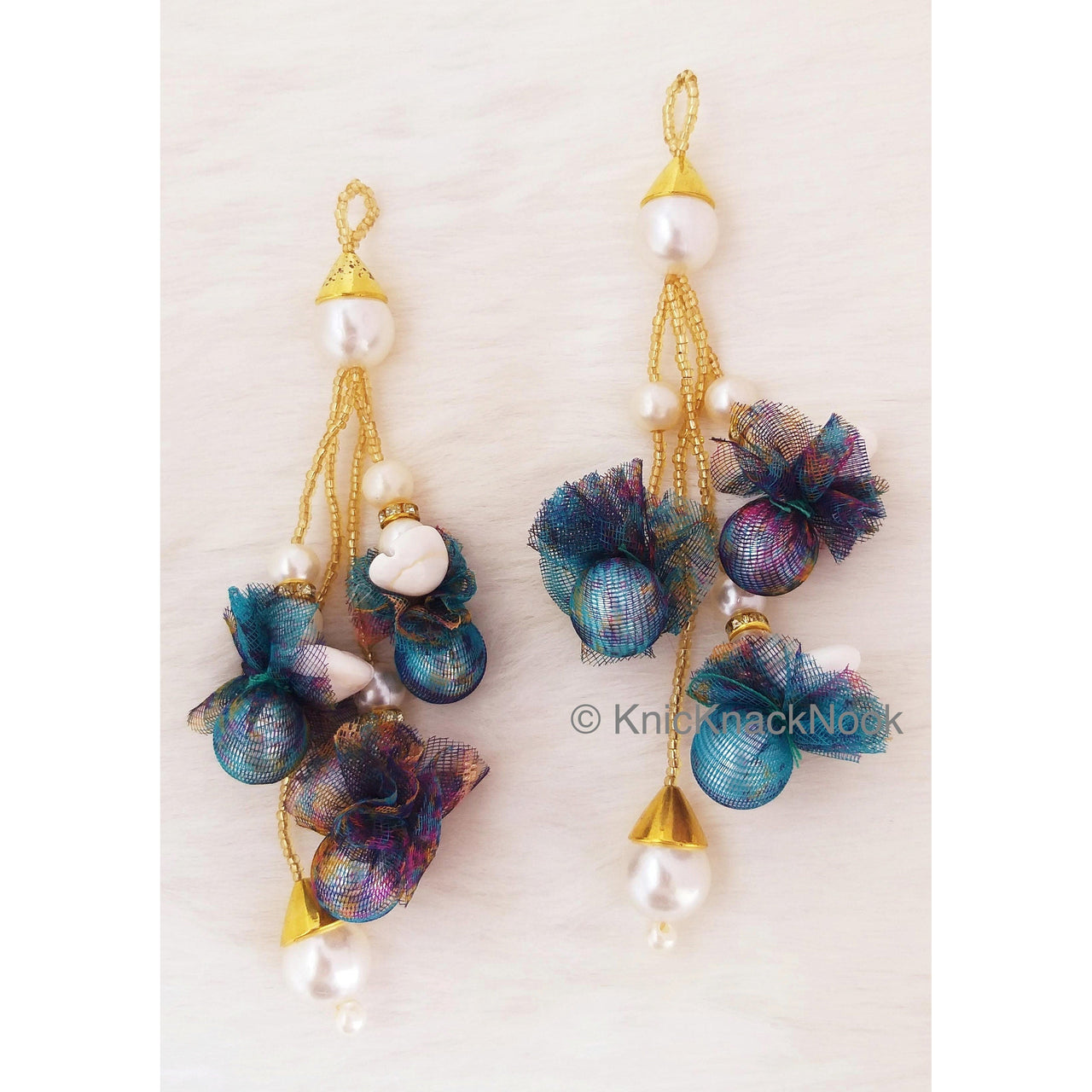 Tassels of Pearl And Cowrie Conch Shell, Pearls And Gold Beads With Net, Indian Tassels