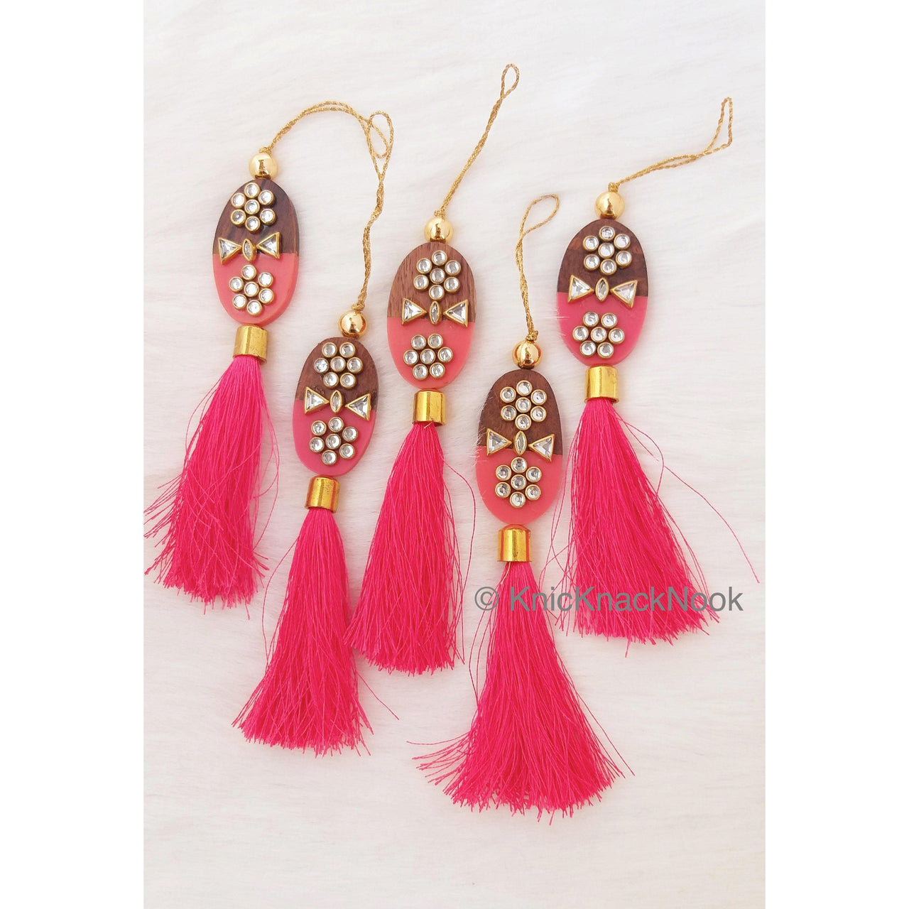 Pink / Blue Tassels With Red And Brown Wood Buttons With Kundan Stones, Indian Tassels, Wedding Supplies