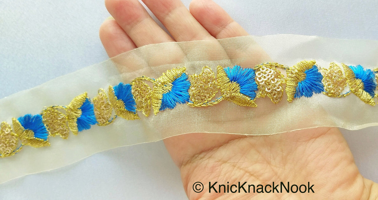 Wholesale Gold Sheer Trim In Gold Floral Embroidery With Sequins, Approx. 45mm Wide, Indian Sari Border