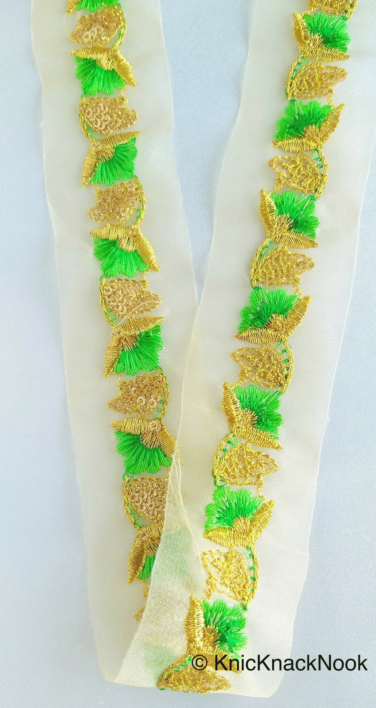 Wholesale Gold Sheer Trim In Gold Floral Embroidery With Sequins, Approx. 45mm Wide, Indian Sari Border