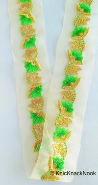 Thumbnail for Wholesale Gold Sheer Trim In Gold Floral Embroidery With Sequins, Approx. 45mm Wide, Indian Sari Border