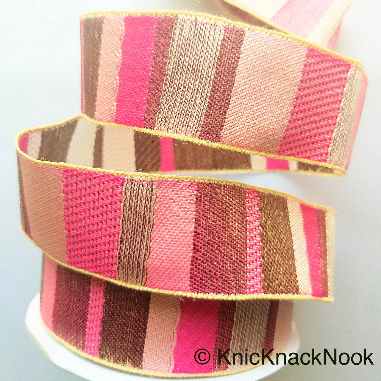 Pink, Beige And Antique Bronze Embroidered Lace Trim, Stripes Trim