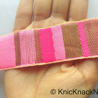 Thumbnail for Fuchsia Pink, Pink And Antique Bronze Embroidered Lace Trim, Stripes Trim