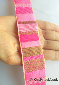 Thumbnail for Fuchsia Pink, Pink And Antique Bronze Embroidered Lace Trim, Stripes Trim