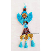 Thumbnail for Cyan Blue Tassels With Blue Acrylic And Brown Wood Button In Kundan Stones, Wood Beads, Pearls