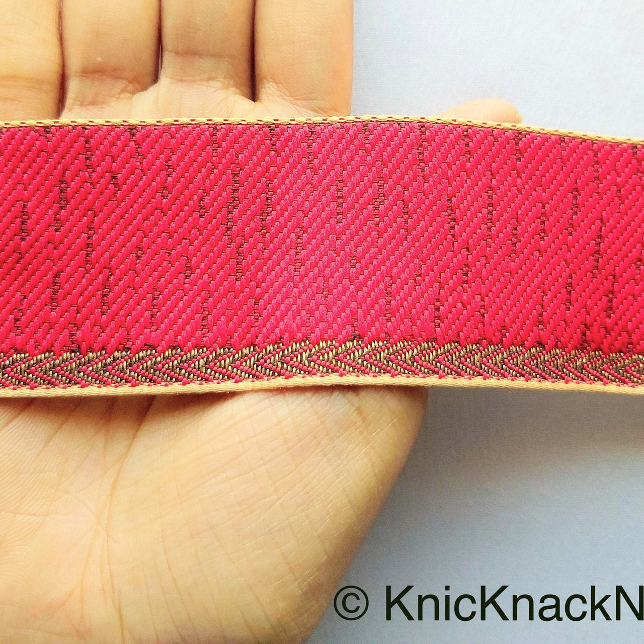 Red And Antique Gold Fabric Trim Jacquard Weave Trim, Approx. 40mm Wide, Costume Trim