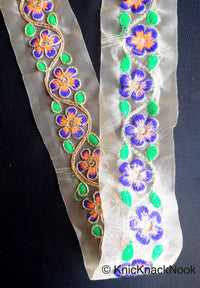 Thumbnail for Wholesale Gold Sheer Tissue Fabric Trim With Hand Embroidered  Blue, Orange, Green & Gold Flowers