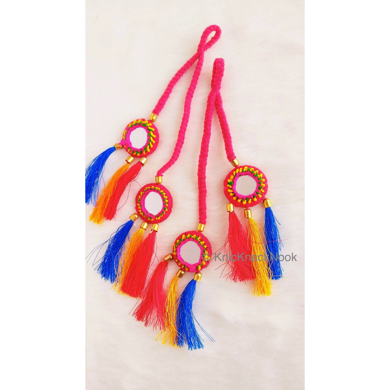 Pink / Blue Braid With Pink / Green, Yellow and Blue Tassels with Mirror Embellishments,Bohemian Tassels