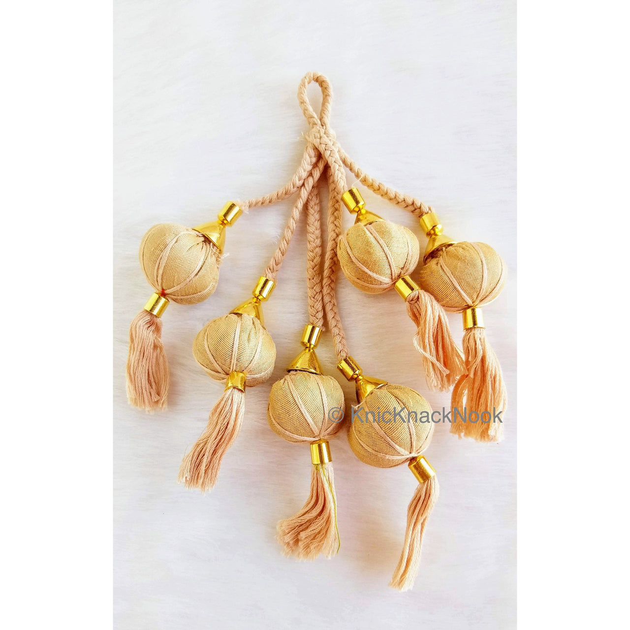 Beige Cotton Fabric Balls Bunch Tassels, Latkan, Embellishments