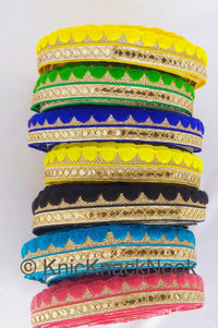 Thumbnail for Wholesale Gold Zari Trim, Embroidered Trim In Yellow / Green / Royal Blue / Lemon Yellow / Black / Blue / Pink,  Approx. 24mm wide