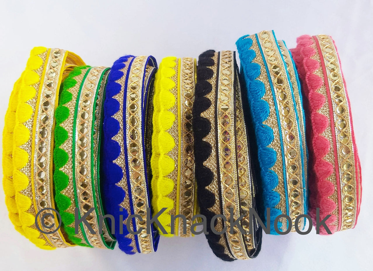 Gold Zari Trim, Embroidered Trim In Yellow / Green / Royal Blue / Lemon Yellow / Black / Blue / Pink,  Approx. 24mm wide