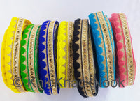 Thumbnail for Gold Zari Trim, Embroidered Trim In Yellow / Green / Royal Blue / Lemon Yellow / Black / Blue / Pink,  Approx. 24mm wide