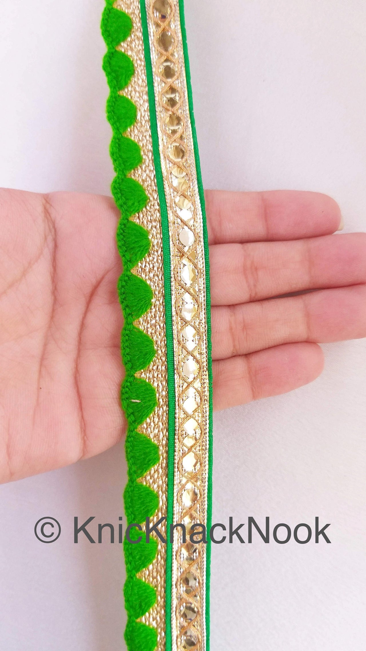 Gold Zari Trim, Embroidered Trim In Yellow / Green / Royal Blue / Lemon Yellow / Black / Blue / Pink,  Approx. 24mm wide