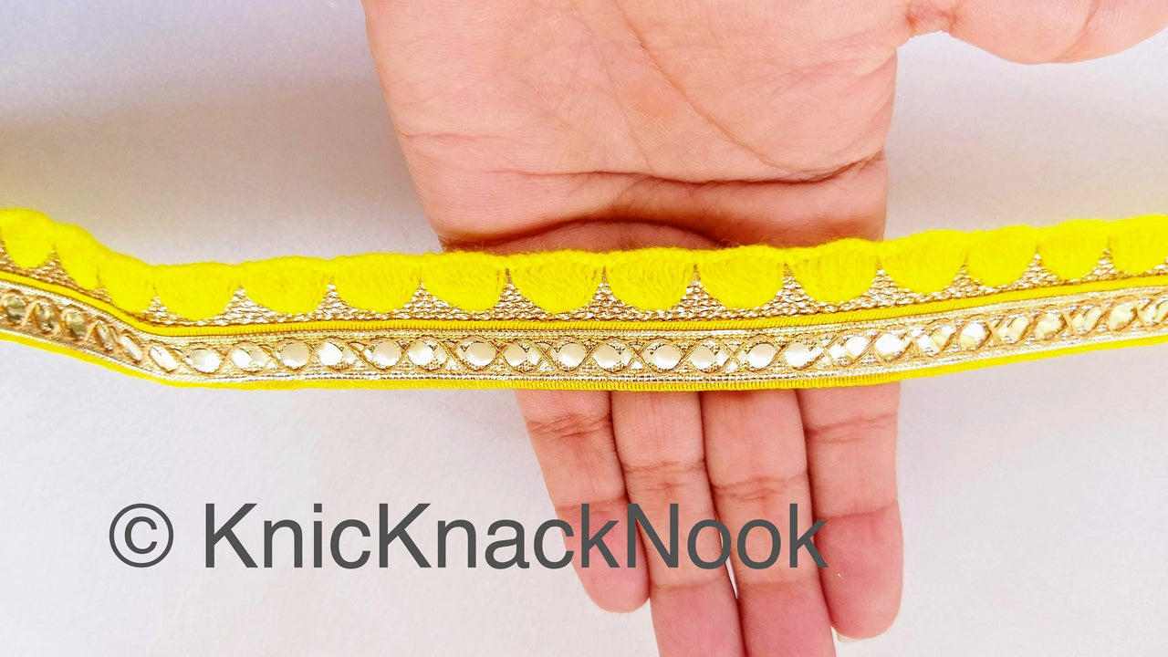 Gold Zari Trim, Embroidered Trim In Yellow / Green / Royal Blue / Lemon Yellow / Black / Blue / Pink,  Approx. 24mm wide