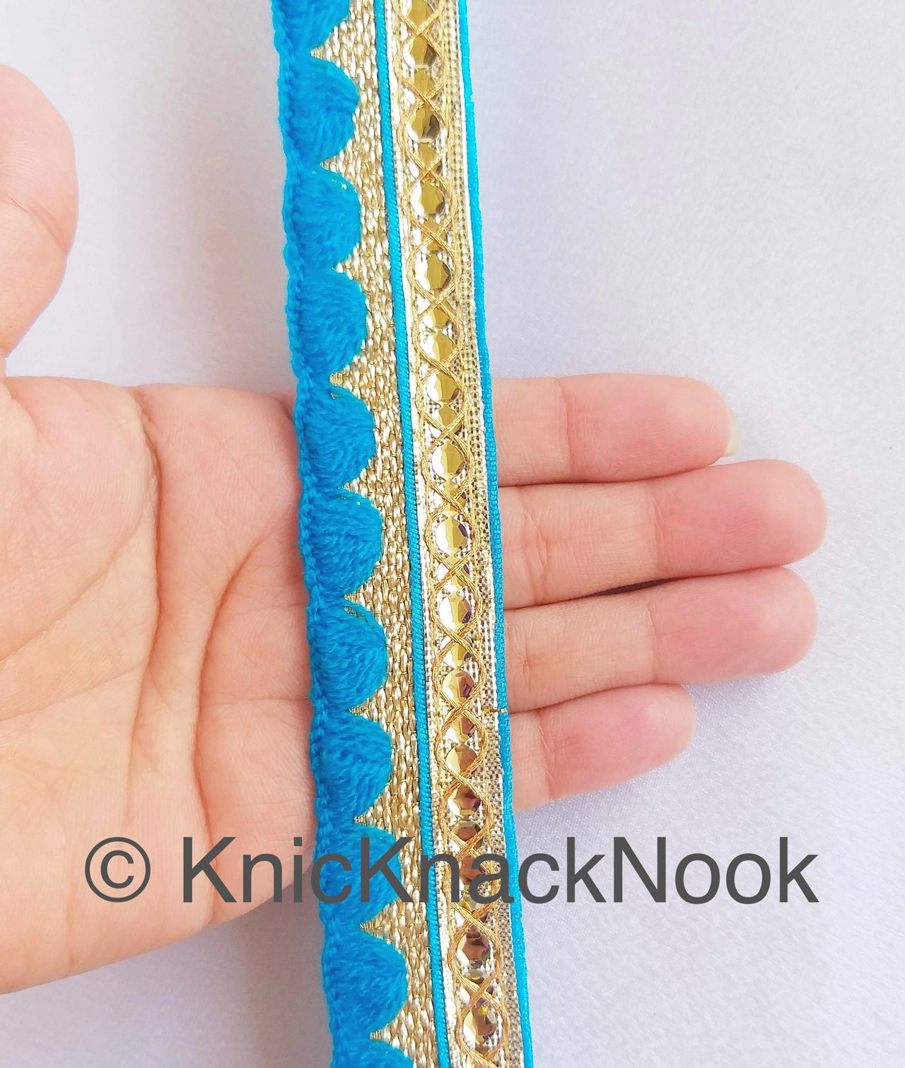 Gold Zari Trim, Embroidered Trim In Yellow / Green / Royal Blue / Lemon Yellow / Black / Blue / Pink,  Approx. 24mm wide