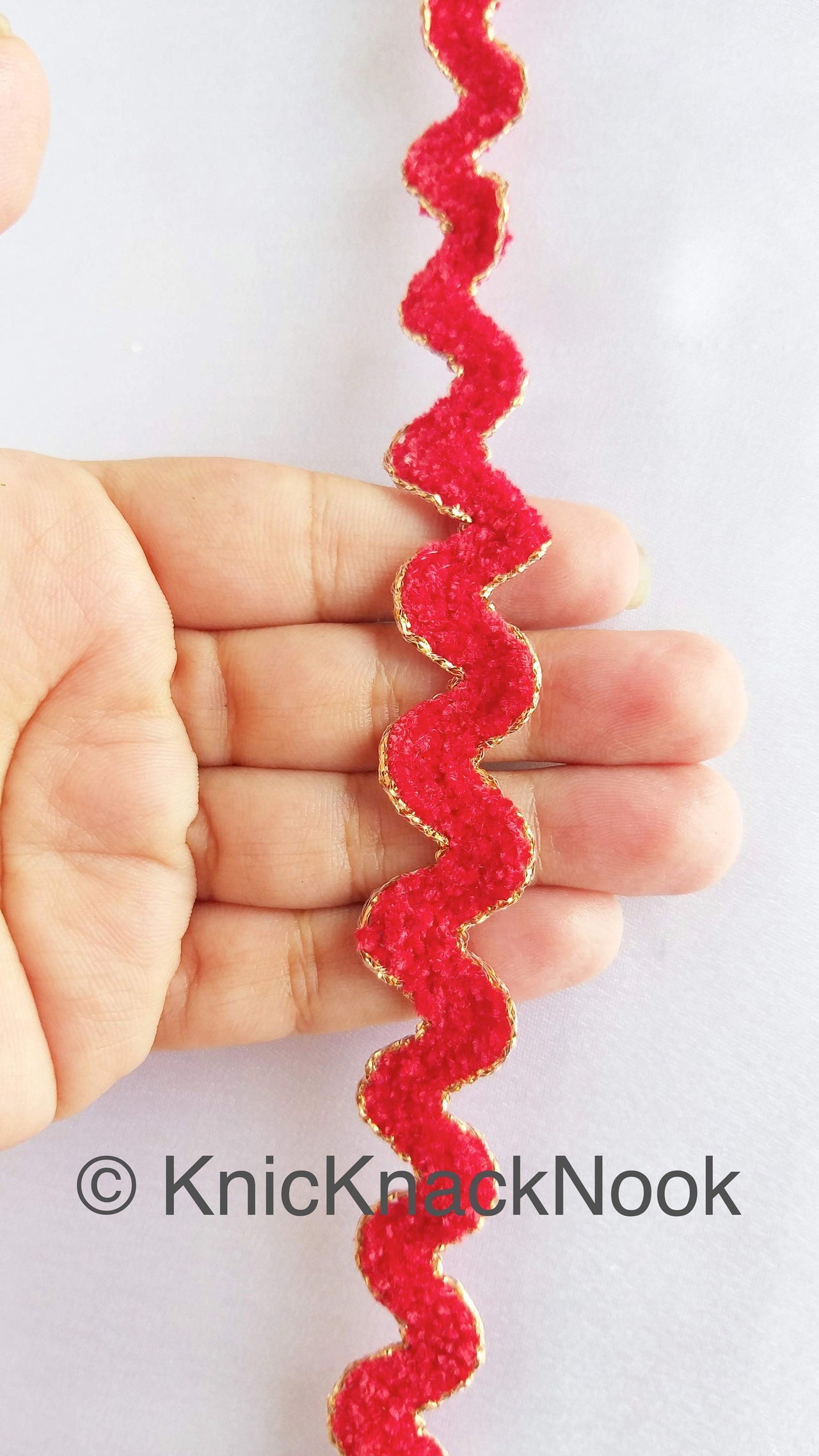 Lime Green / Beige / Pink / Black / Green / Magenta / Blue / Red Faux Velvet Trim With Gold Border Piping, Approx. 15mm, One Yard Trim