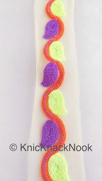 Thumbnail for Wholesale Beige Net With Green, Purple And Orange Embroidery, Leaves Pattern Trim