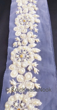 Thumbnail for Wholesale Wedding Trim White Pearl And Rhinestones Beads Net Lace Trim, Floral Trim, 8 Yard