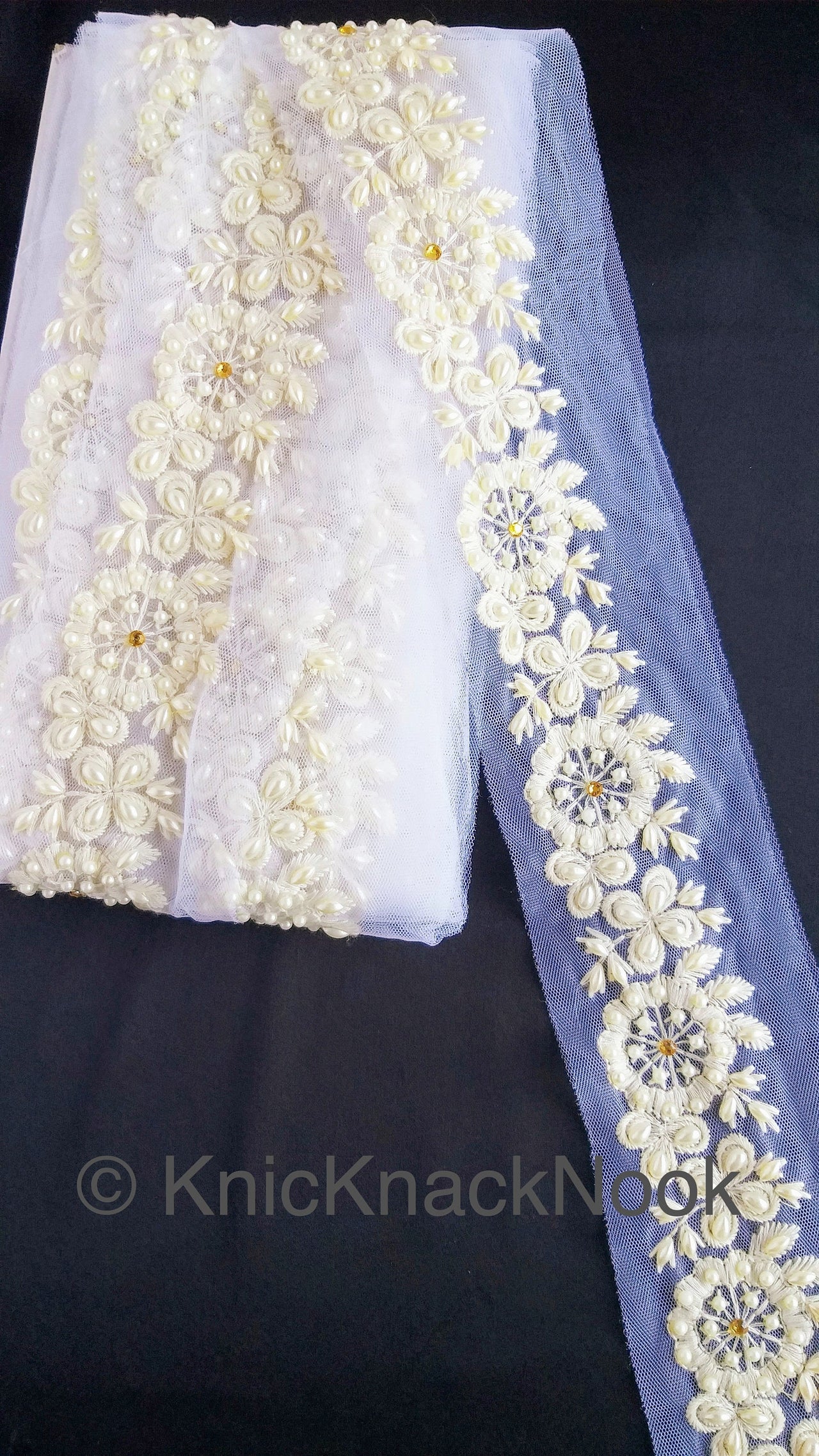 Wholesale Wedding Trim White Pearl And Rhinestones Beads Net Lace Trim, Floral Trim, 8 Yard