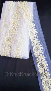 Thumbnail for Wholesale Wedding Trim White Pearl And Rhinestones Beads Net Lace Trim, Floral Trim, 8 Yard