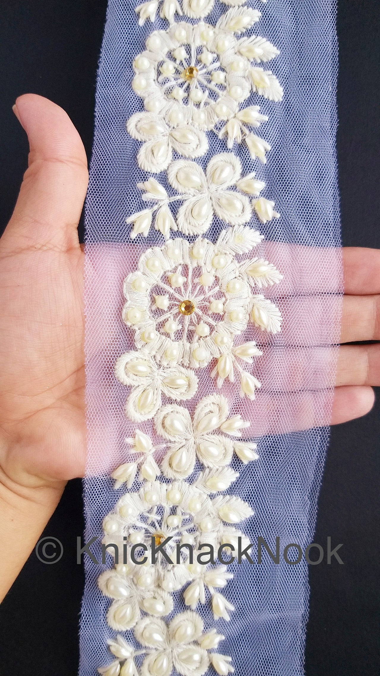 Wholesale Wedding Trim White Pearl And Rhinestones Beads Net Lace Trim, Floral Trim, 8 Yard