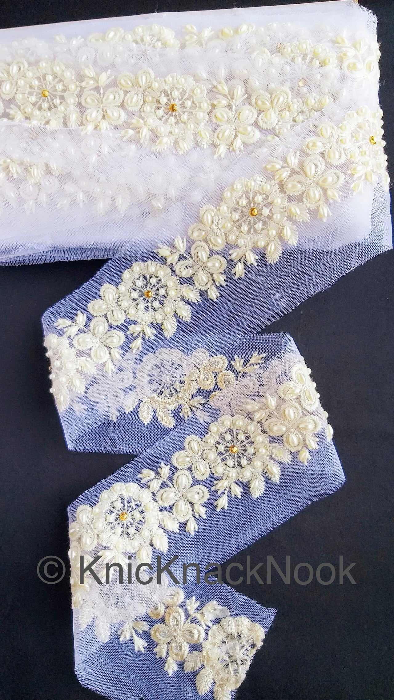 Wholesale Wedding Trim White Pearl And Rhinestones Beads Net Lace Trim, Floral Trim, 8 Yard