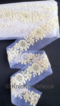 Thumbnail for Wholesale Wedding Trim White Pearl And Rhinestones Beads Net Lace Trim, Floral Trim, 8 Yard