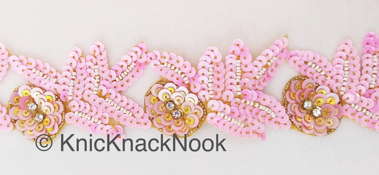 Wholesale Sequins Trim, Pink And Gold With Diamante Beads, Floral Trims