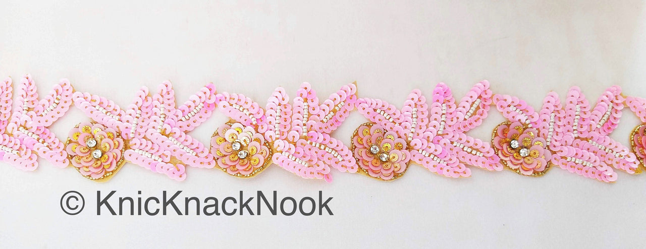 Wholesale Sequins Trim, Pink And Gold With Diamante Beads, Floral Trims