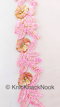 Thumbnail for Wholesale Sequins Trim, Pink And Gold With Diamante Beads, Floral Trims