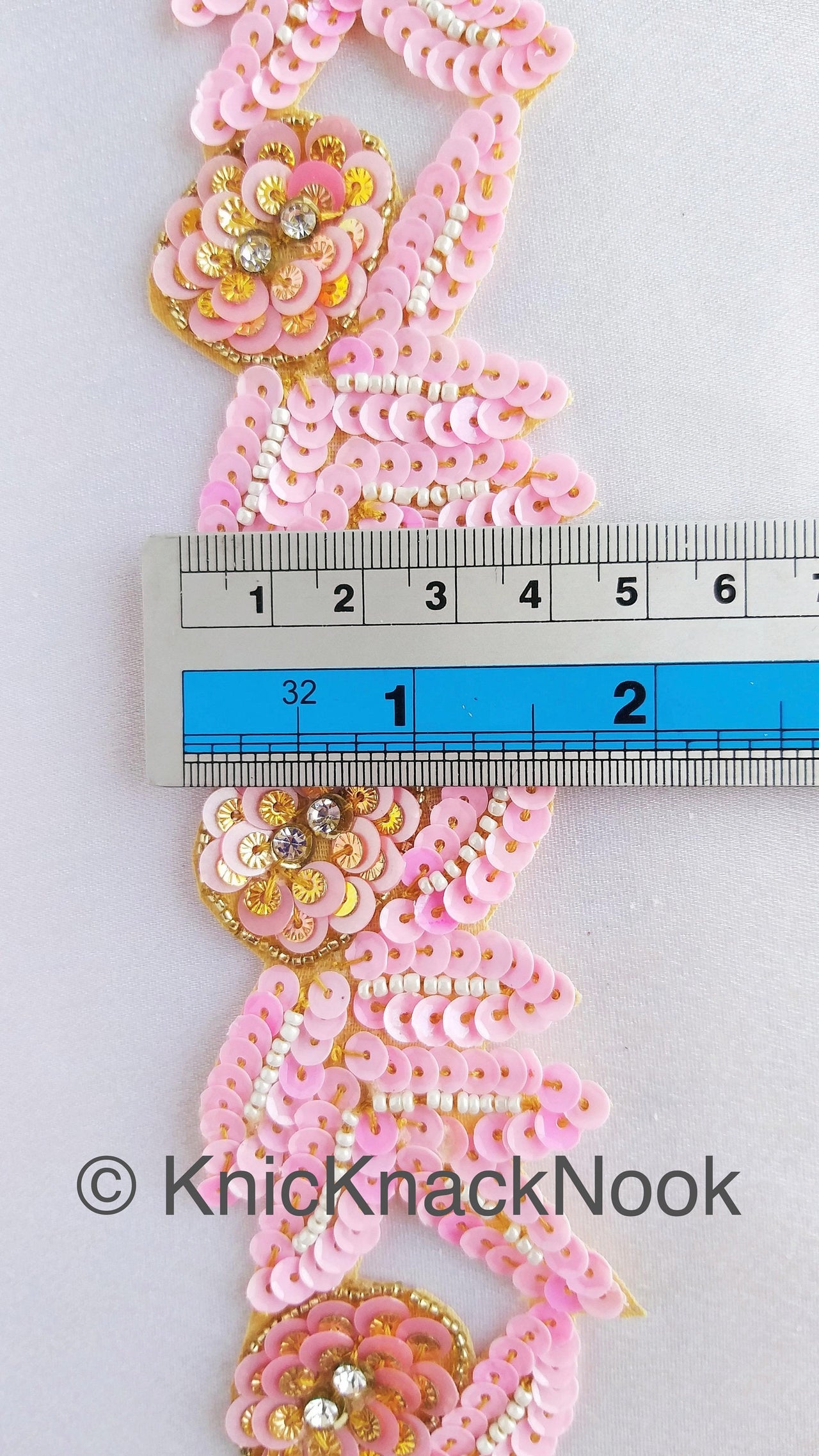 Pink And Gold Sequins Trim With Diamante Beads, Floral Trims, Trimming