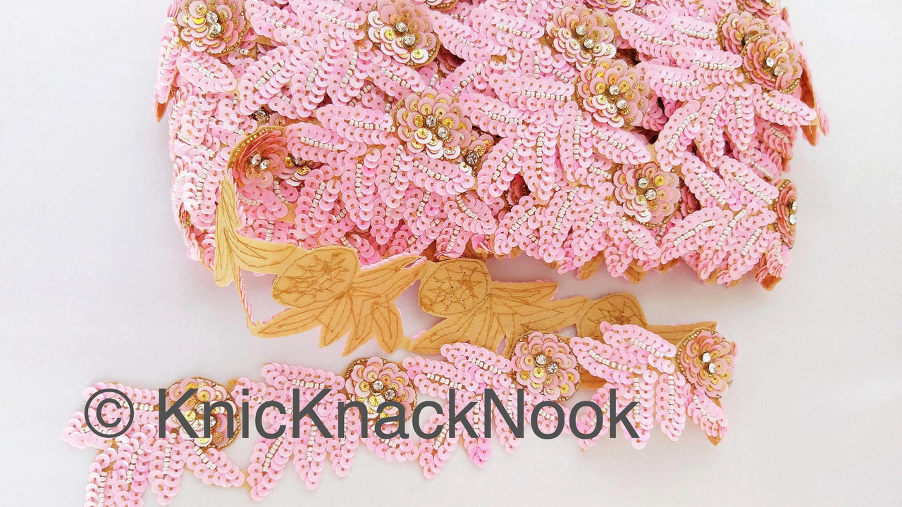 Wholesale Sequins Trim, Pink And Gold With Diamante Beads, Floral Trims