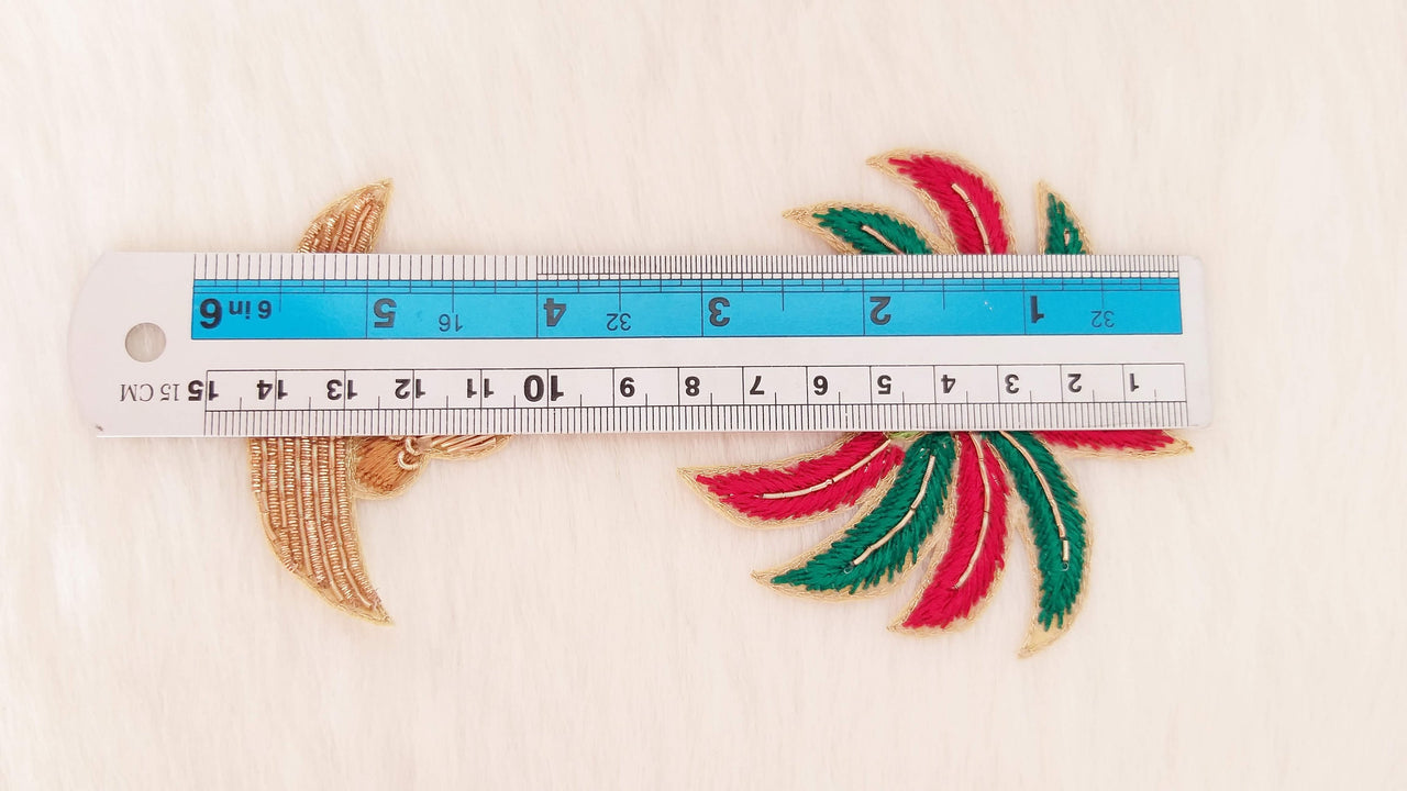 Coconut Tree Applique Hand Embroidered In Bullion Wire (Zardozi), Red, Green and Gold Motif