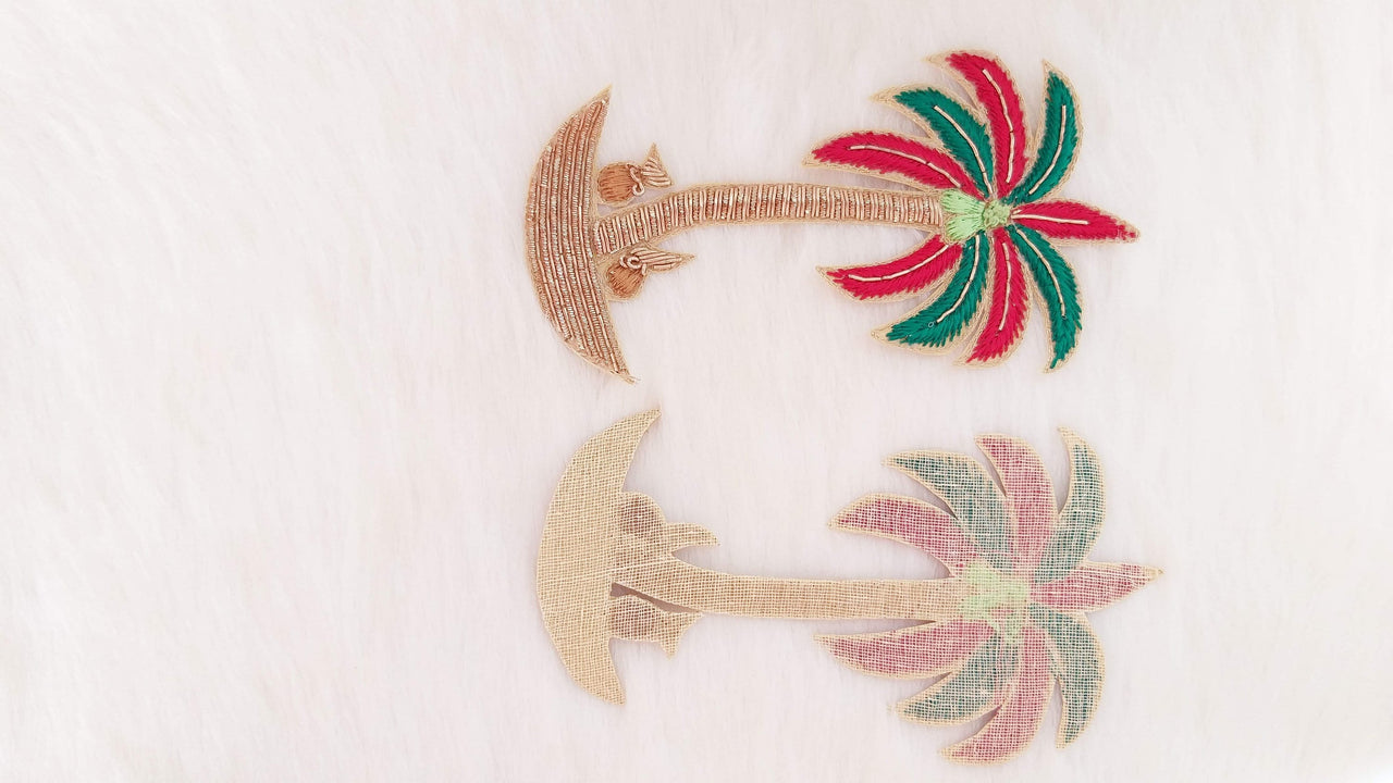 Coconut Tree Applique Hand Embroidered In Bullion Wire (Zardozi), Red, Green and Gold Motif