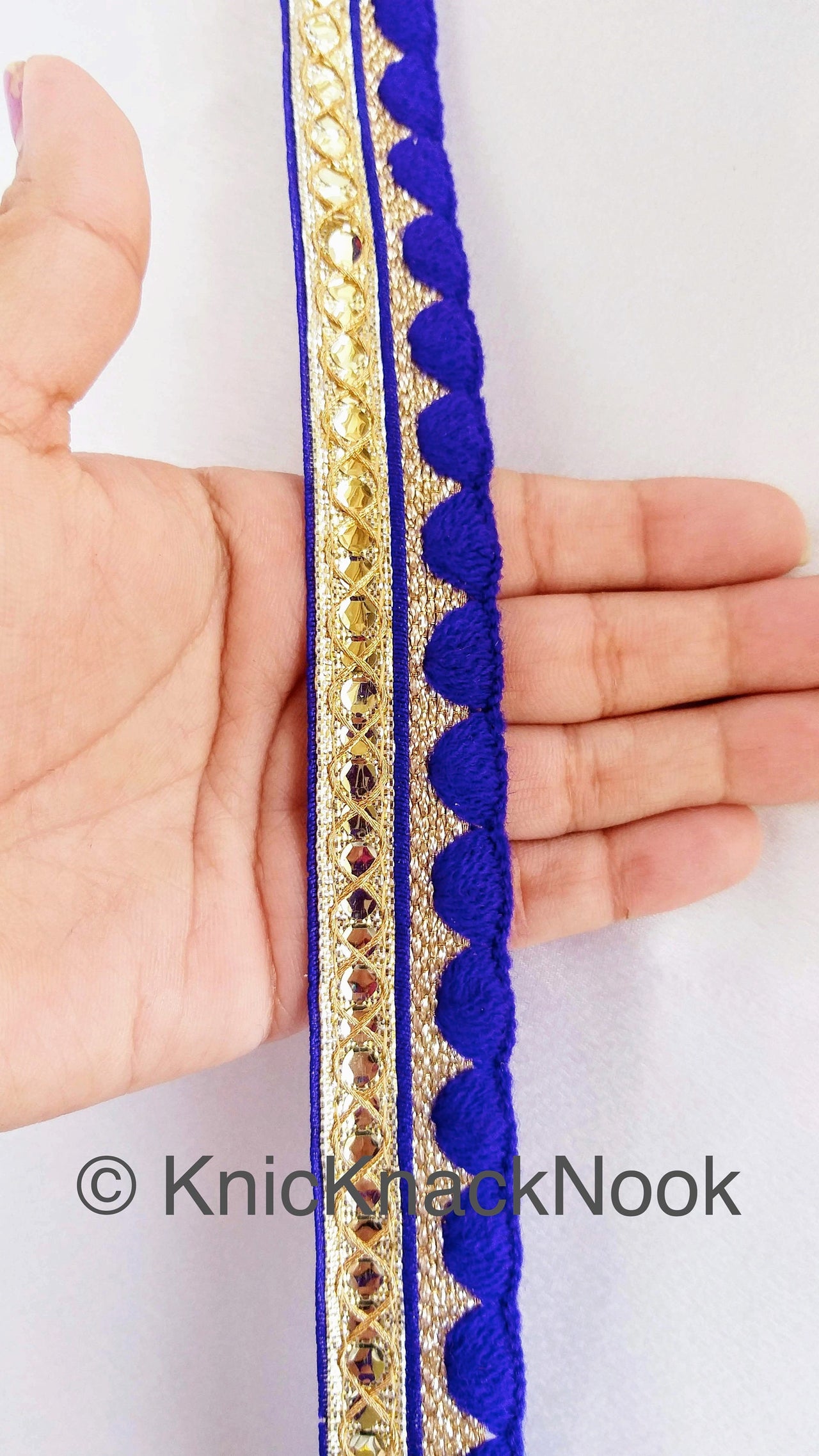 Gold Zari Trim, Embroidered Trim In Yellow / Green / Royal Blue / Lemon Yellow / Black / Blue / Pink,  Approx. 24mm wide