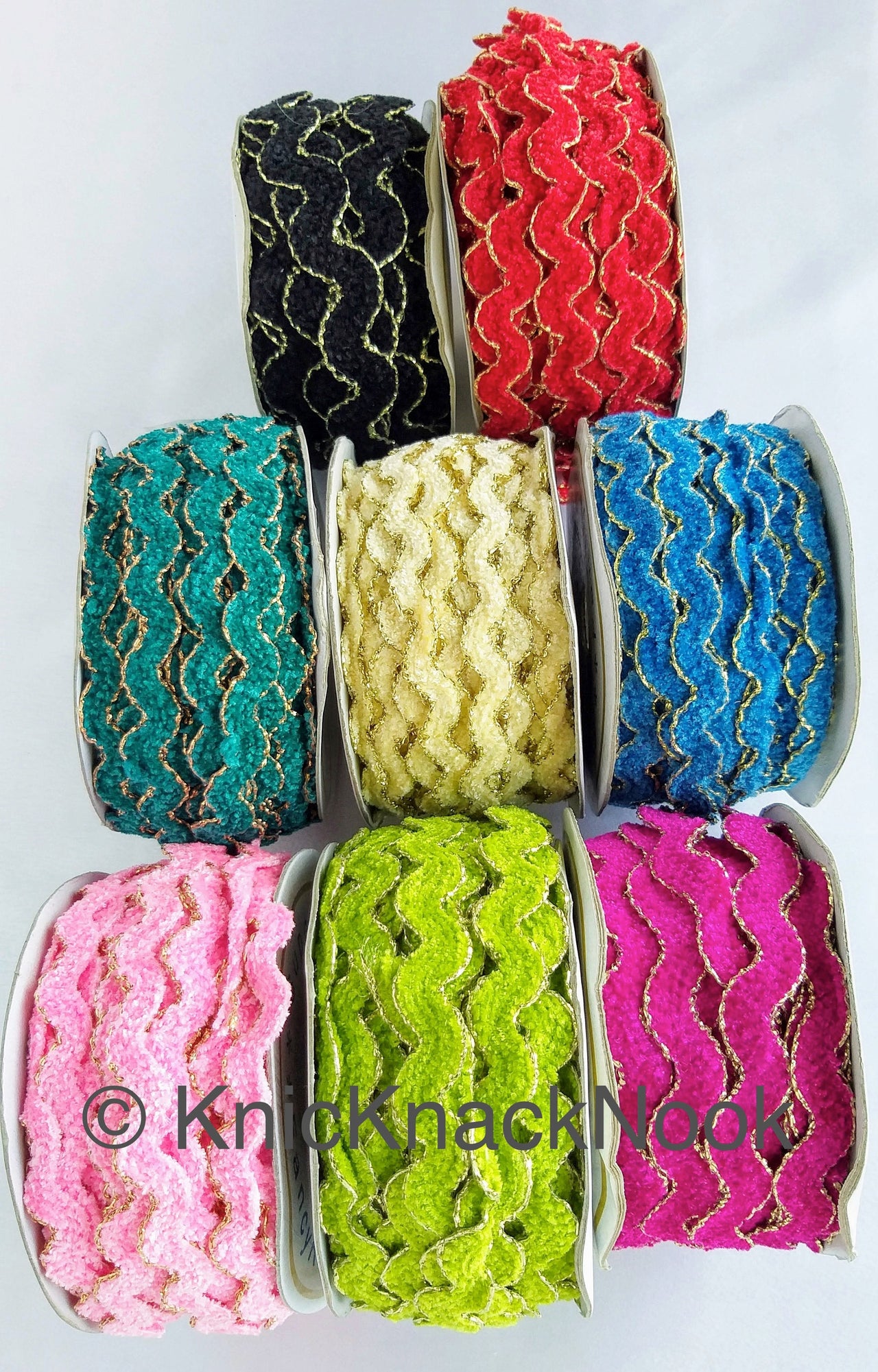 Lime Green / Beige / Pink / Black / Green / Magenta / Blue / Red Faux Velvet Trim With Gold Border Piping, Approx. 15mm, One Yard Trim