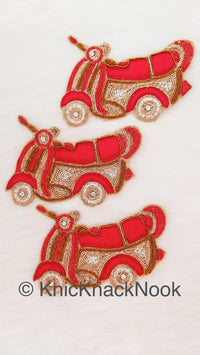 Thumbnail for Hand Embroidered Motor Scooter Applique In Red, Gold And Silver Zardozi Threadwork, Motorcycle Motif