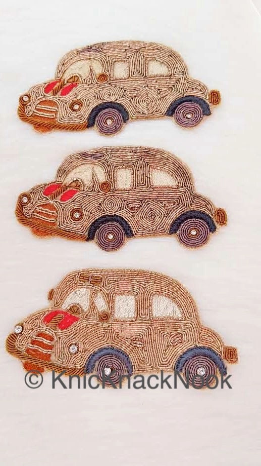 Hand Embroidered Car Applique In Gold Zardozi And Beige, Red, Brown And Grey Embroidery