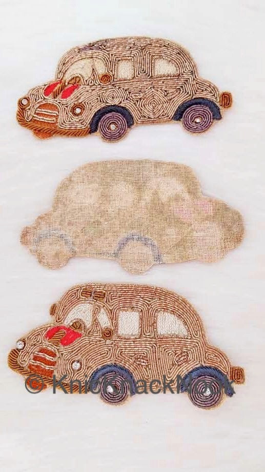 Hand Embroidered Car Applique In Gold Zardozi And Beige, Red, Brown And Grey Embroidery